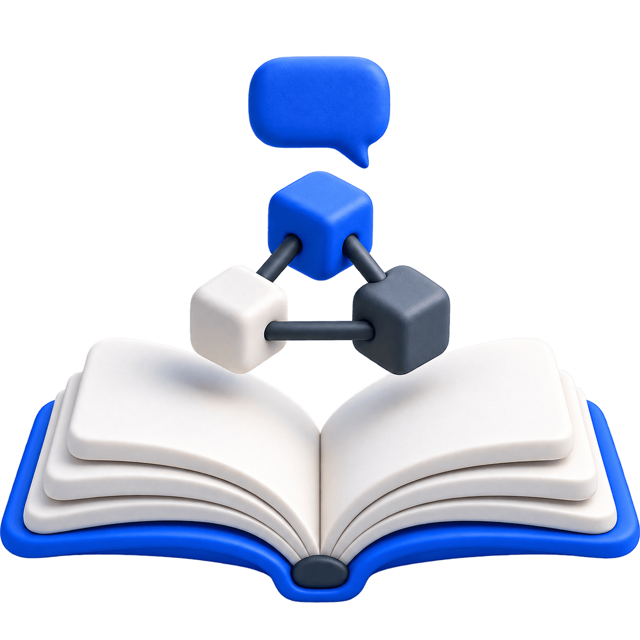 Sculptural open book with connected blue shapes